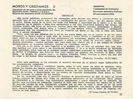 LAMINA 2708: Criticas de la zarzuela Moros y cristianos. Gran Via 23 noviembre 1905