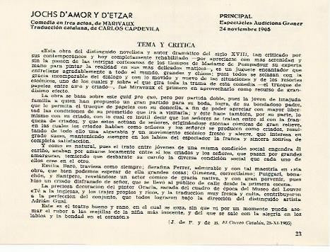 LAMINA 2709: Argumento y critica de Jocs d amor y d etzar. Principal 24 noviembre 1905