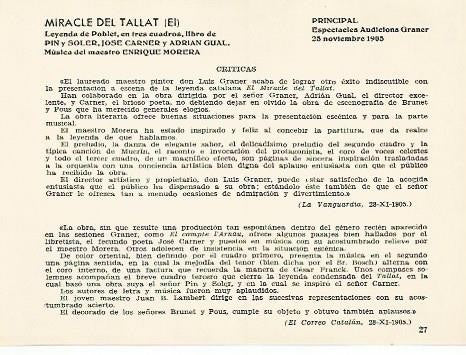 LAMINA 2713: Criticas de El Miracle del Tallat. Principal 25 noviembre 1905