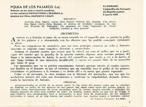LAMINA 2721: Reparto argumento y criticas de La Polka de los pajaros. El Dorado 8 enero 1905