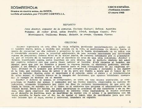 LAMINA 2724: Reparto y criticas de Rosmersholm. Circo Español 13 enero 1905