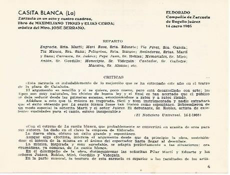 LAMINA 2725: Reparto y criticas de La Casita Blanca. El Dorado 14 enero 1905