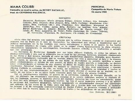 LAMINA 2731: Reparto y criticas de Mama Colibri. Principal 26 enero 1905