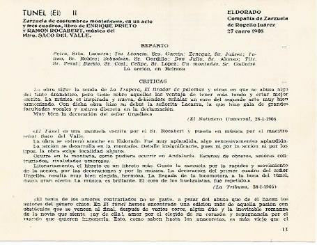 LAMINA 2733: Reparto y criticas de  El Tunel. El Dorado 27 enero 1905