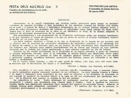 LAMINA 2735: Criticas de La Festa dels Ocells. Teatro de las Artes 28 enero 1905