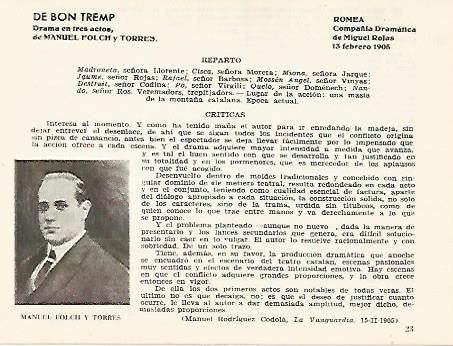 LAMINA 2742: Reparto y criticas de De Bon Temps. Romea 13 febrero 1905