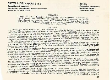 LAMINA 2746: Reparto y criticas de L Escola dels Marits. Romea 24 febrero 1905
