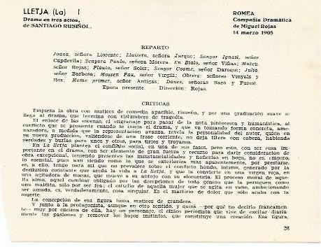 LAMINA 2747: Reparto y criticas de La Lletja obra de Santiago Rusiñol. Romea 14 marzo 1905