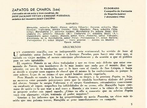 LAMINA 2757:  Reparti y argumento de Los Zapatos de Charol. El Dorado 7 diciembre 1904