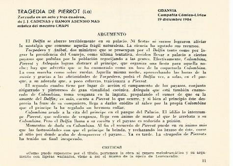LAMINA 2763: Argumento de La Tragedia de Pierrot. Gran Via 19 diciembre 1904