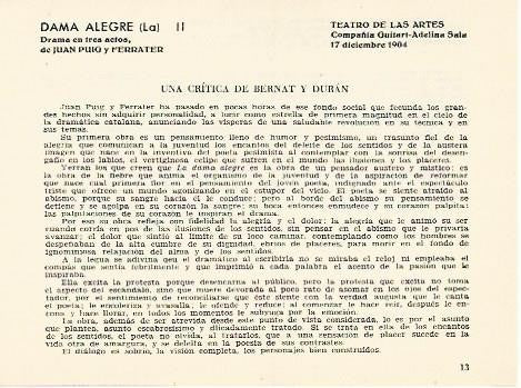 LAMINA 2765: Critica de Bernat y Duran sobre La Dama Alegre. Teatro de las Artes 17 diciembre 1904