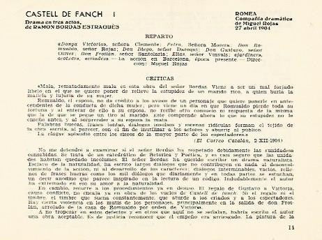 LAMINA 2766: Reparto y criticas de Castell de Fanch. Romea 27 abril 1904