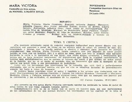 LAMINA 2795: Reparto argumento y critica de Maria Victoria. Novedades 24 junio 1904