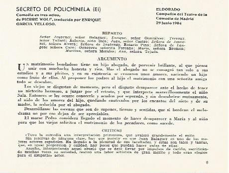 LAMINA 2796: Reparto argumento y critica de El Secreto de la Polichinela. El Dorado 29 junio 1904