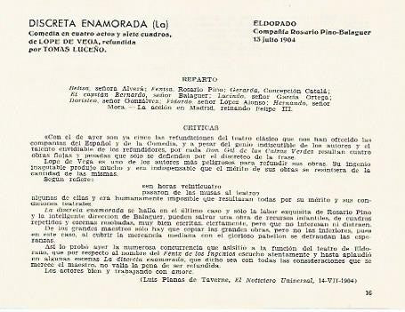LAMINA 2806: Reparto y criticas de La Discreta Enamorada. El Dorado 13 julio 1904