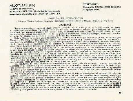 LAMINA 2809: Reparto y criticas de Els Allotjats. Novedades 12 agosto 1904