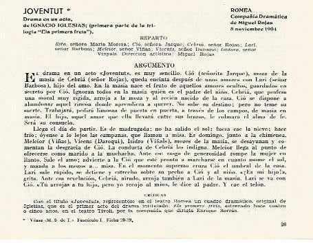 LAMINA 2816: Reparto argumento y criticas de Joventut. Romea 8 noviembre 1904