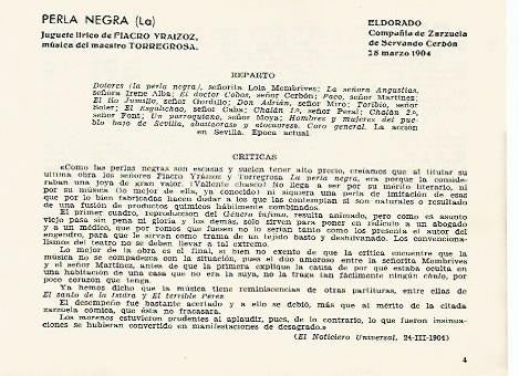 LAMINA 2827: Reparto y criticas de La Perla Negra. El Dorado 18 marzo 1904