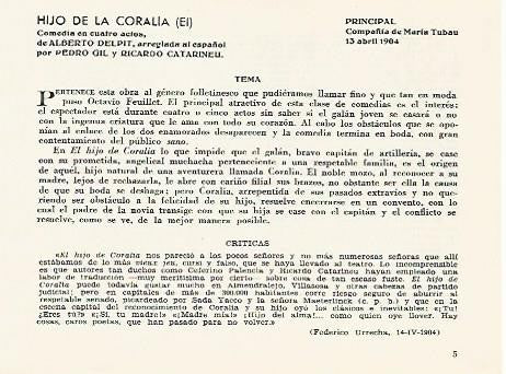 LAMINA 2828: Argumento y criticas de El Hijo de la Coralia. Principal 13 abril 1904