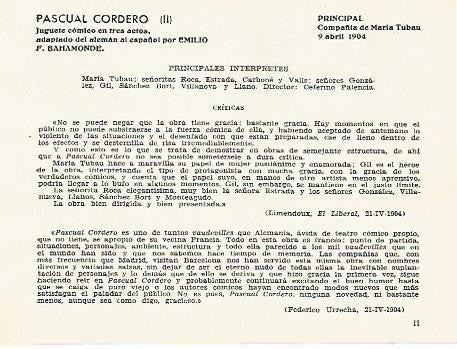 LAMINA 2834: Reparto y criticas de Pascual Cordero. Principal 19 abril 1904