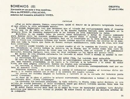 LAMINA 2837: Criticas de la zarzuela Bohemios. Gran Via 23 abril 1904