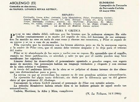 LAMINA 2840: Reparto argumento y ciritca de El Abolengo. El Dorado 13 mayo 1904