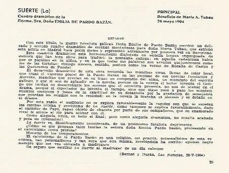 LAMINA 2843: Reparto de La Suerte obra de Emilia Pardo Bazan. Principal 26 mayo 1904