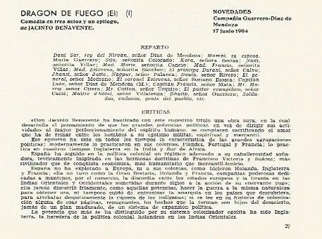 LAMINA 2850: Reparto y criticas de El Dragon de Fuego obra de Jacinto Benavente. Novedades 17 junio 1904