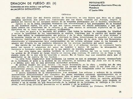 LAMINA 2851: Criticas de El Dragon de Fuego obra de Jacinto Benavente. Novedades 17 junio 1904