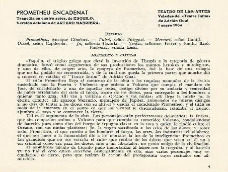 LAMINA 2860: Reparto argumento y criticas de Prometheu Encantat. Teatro de las Artes 1 enero 1904