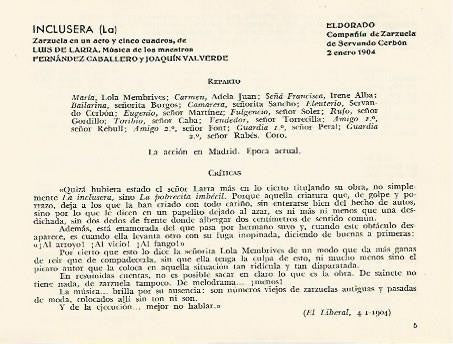 LAMINA 2861: Reparto y criticas de La Inclusera. El Dorado 2 enero 1904