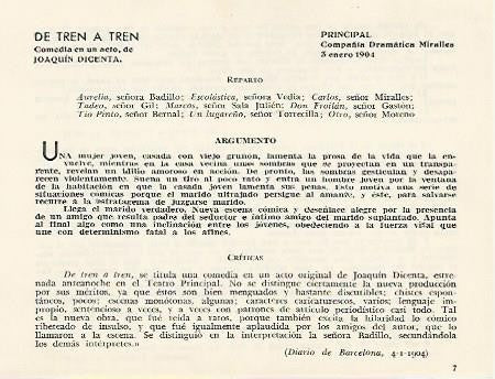 LAMINA 2863: Reparto argumento y criticas de De tren a tren. Principal 3 enero 1904