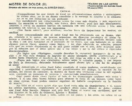 LAMINA 2869: Criticas de Misteri de Dolor. Teatro de las Artes 18 enero 1904