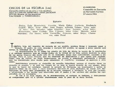 LAMINA 2870: Reparto y argumento de Los Chicos de la Escuela. El Dorado 27 enero 1904