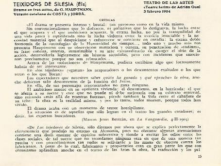 LAMINA 2871: Criticas de Els Teixidors de Silesia. Teatro de las Artes 3 febrero 1904