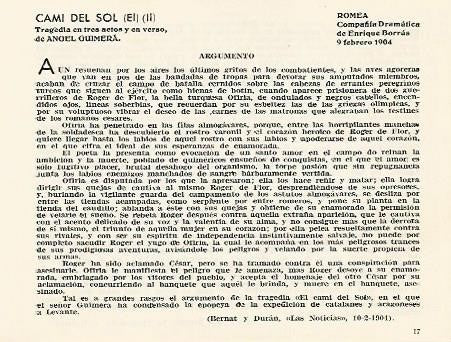 LAMINA 2873: Argumento de El Cami del Sol obra de Angel Guimera. Romea 9 febrero 1904