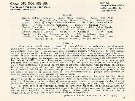 LAMINA 2874: Reparto y criticas de El Cami del Sol obra de Angel Guimera. Romea 9 febrero 1904