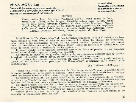 LAMINA 2877: Reparto y criticas de La Reina Mora. El Dorado 28 febrero 1904