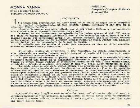 LAMINA 2880: Argumento y criticas de Monna Vanna. Principal 8 marzo 1904