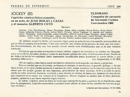 LAMINA 2903: Reparto y criticas de El Jockey. El Dorado 9 noviembre 1903