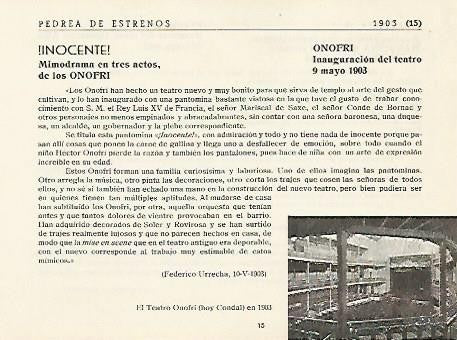 LAMINA 2904: Inocente. Obra de inauguracion del teatro Onofri 9 mayo 1903. Hoy teatro Condal