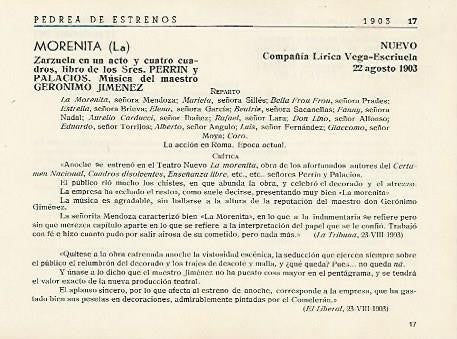 LAMINA 2907: Reparto y criticas de La Morenita. Nuevo 22 agosto 1903