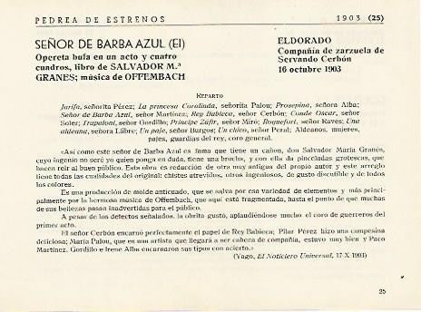 LAMINA 2915: Reparto y criticas de El Señor de Barba Azul. El Dorado 16 octubre 1904
