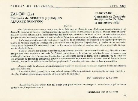 LAMINA 2919: Critica de Zahor. El Dorado 11 diciembre 1903