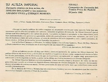 LAMINA 2925: Reparto y criticas de Su Alteza Imperial. Tivoli 19 junio 1903