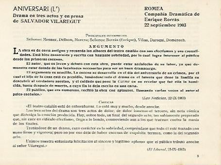 LAMINA 2929: Reparto argumento y criticas de L Aniversari. Romea 22 septiembre 1903