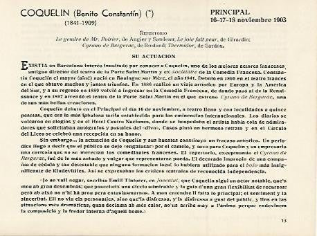 LAMINA 2937: Reparto y critica de Coquelin. Principal 16-18 noviembre 1903