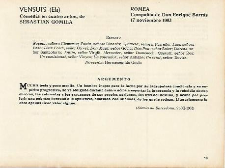 LAMINA 2942: Reparto y argumento de Els Vensuts. Romea 17 noviembre 1903