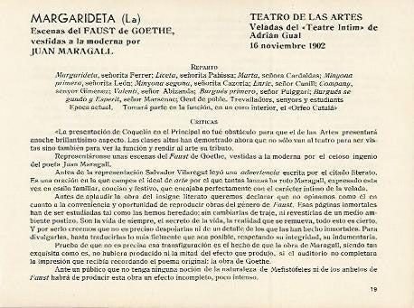 LAMINA 2943: Reparto y criticas de La Margarideta. Teatro de las Artes 16 noviembre 1903