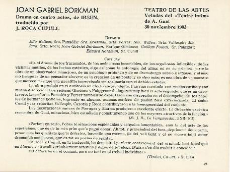 LAMINA 2946: Reparto y criticas de Joan Gabriel Borkman de ibsen. Teatro de las Artes 30 noviembre 1903